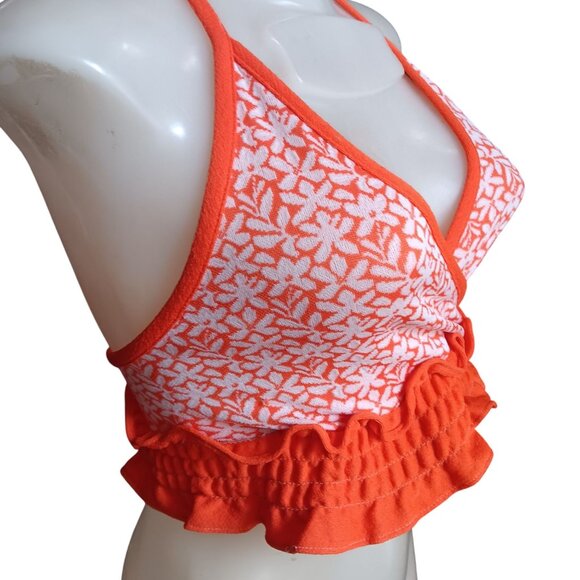 XS Vintage 70's Style Orange Floral Halter Crop Top Ruffle Hem Adjustable Tie - Picture 2 of 8